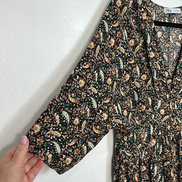 Zara Bohemian Paisley Print V-neck 3/4 Sleeve Midi Dress Size M - Picture 5 of 10